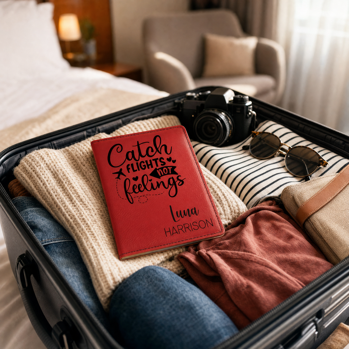 Personalized Passport Holder | "Catch Flights Not Feelings" Engraved Travel Cover