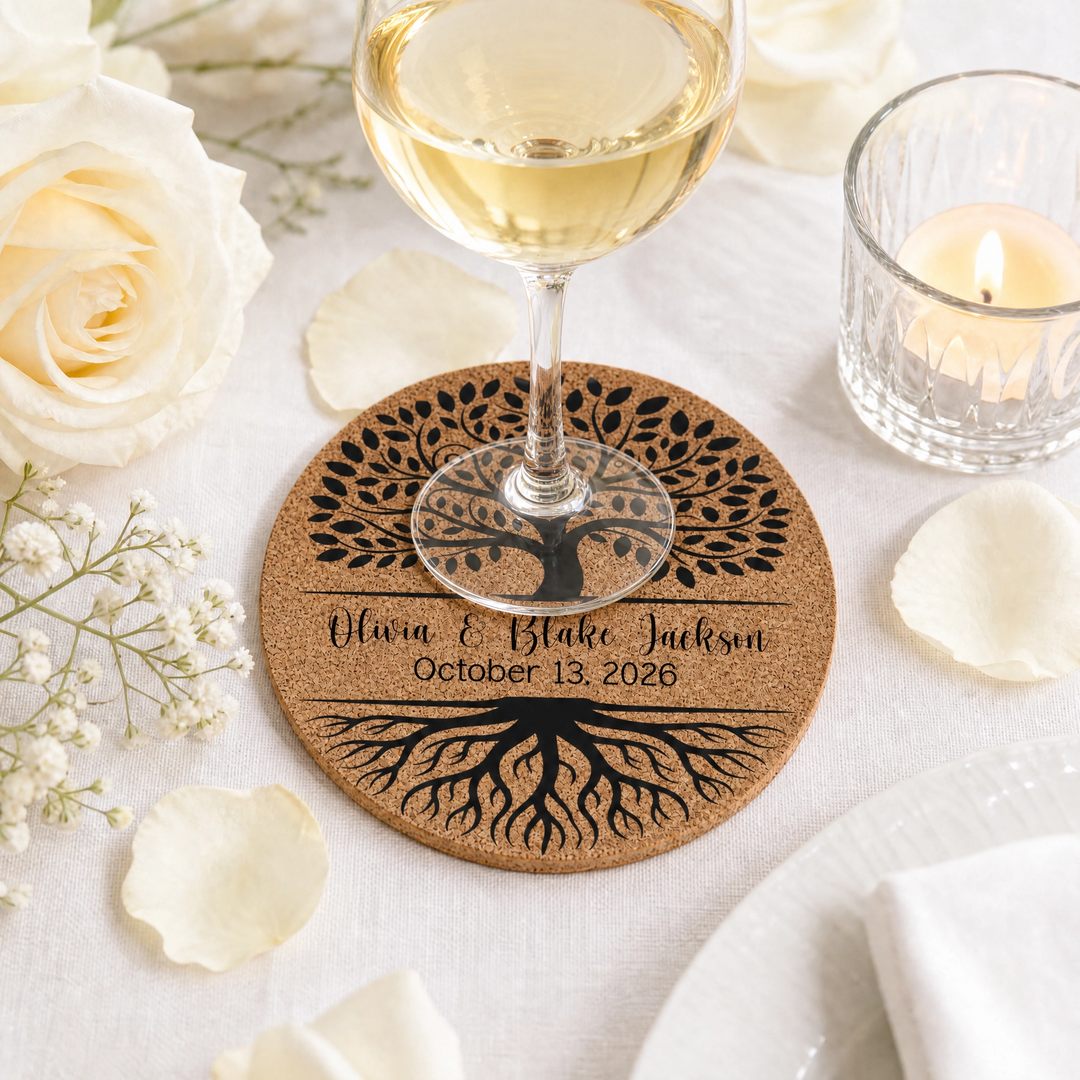 Personalized Tree of Life Wedding Cork Coasters | Custom Engraved Wedding Favors