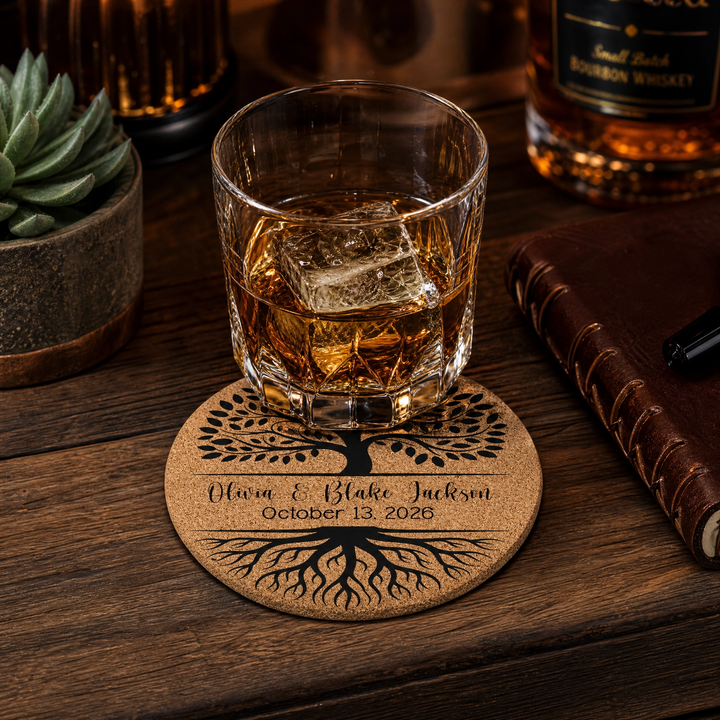 Personalized Tree of Life Wedding Cork Coasters | Custom Engraved Wedding Favors