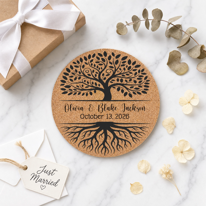 Personalized Tree of Life Wedding Cork Coasters | Custom Engraved Wedding Favors
