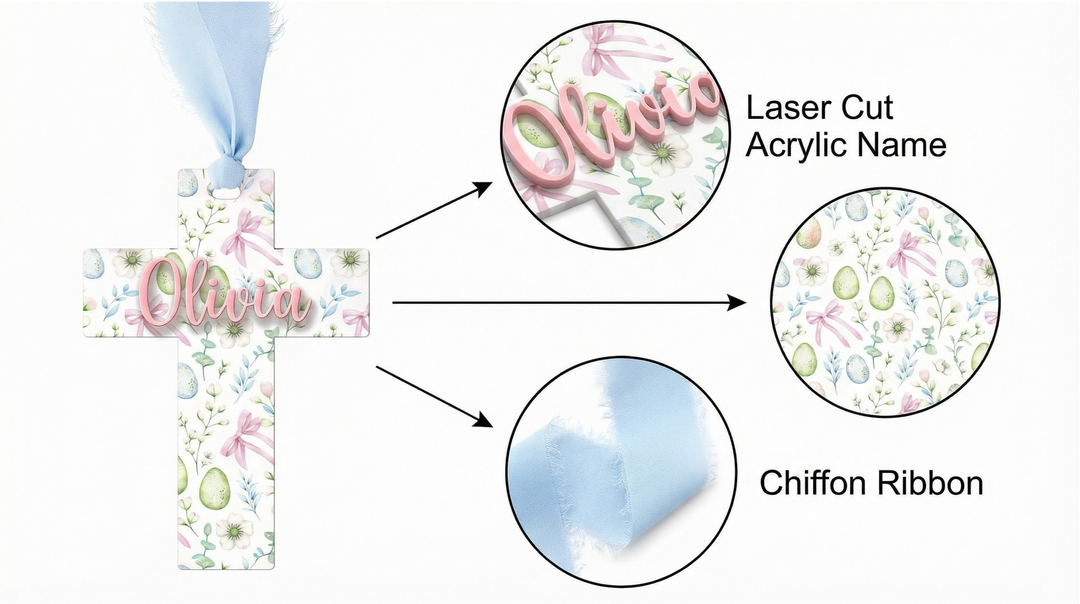 Personalized Easter Cross Basket Tag | Custom Acrylic Christian Name Tag with Chiffon Ribbon