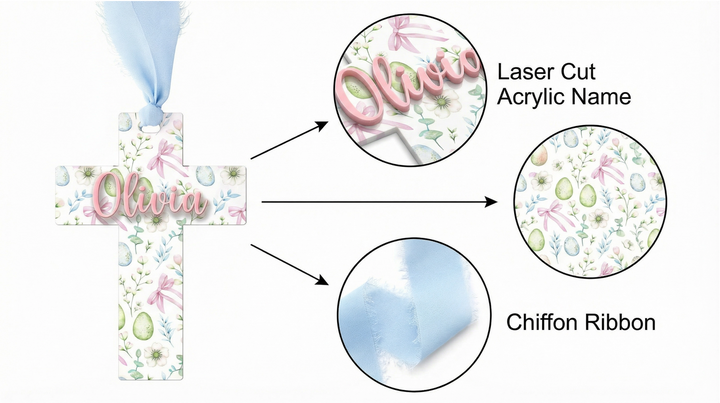 Personalized Easter Cross Basket Tag | Custom Acrylic Christian Name Tag with Chiffon Ribbon