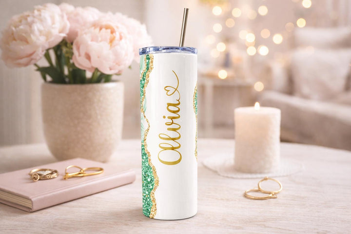 Green Glitter Marble Personalized Name Tumbler with Gold Accents | 20oz Skinny Stainless Steel Travel Cup