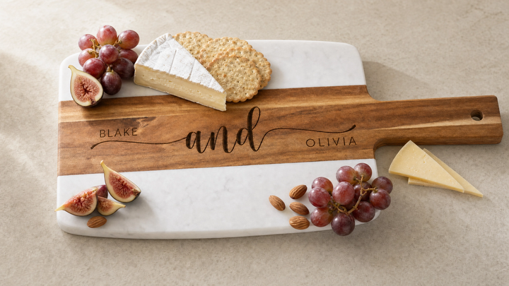 Personalized Marble & Acacia Wood Serving Board | Real Estate Closing Gift