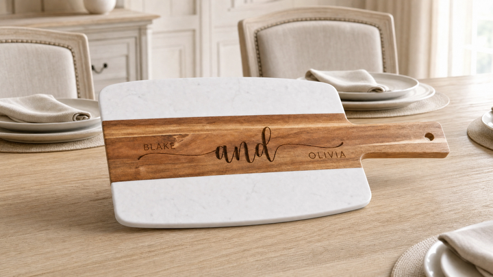 Personalized Marble & Acacia Wood Serving Board | Real Estate Closing Gift
