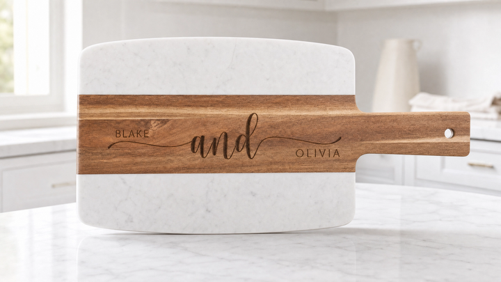 Personalized Marble & Acacia Wood Serving Board | Real Estate Closing Gift