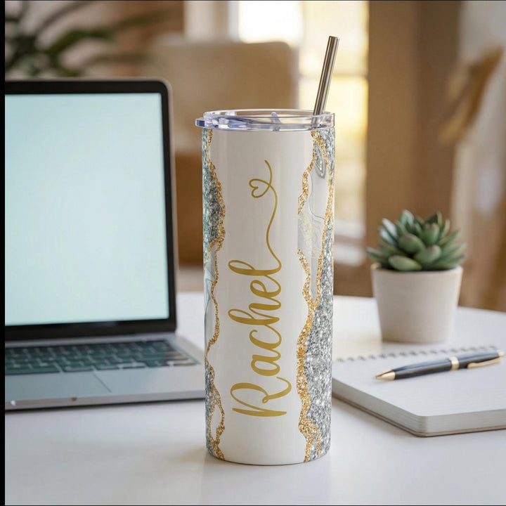 Gray Glitter Marble Personalized Name Tumbler with Gold Accents | 20oz Skinny Stainless Steel Travel Cup