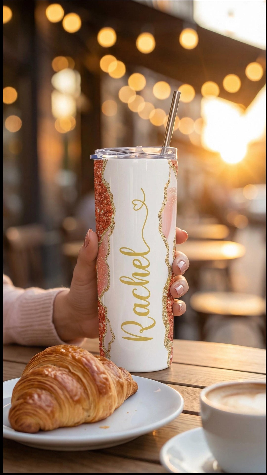 Blue Glitter Marble Personalized Name Tumbler with Gold Accents | 20oz Skinny Stainless Steel Travel Cup