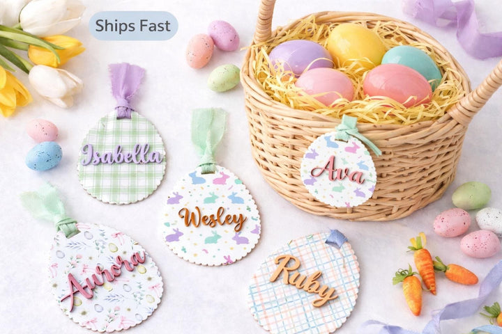 Scalloped Egg Name Tag with Custom Background & Chiffon Ribbon