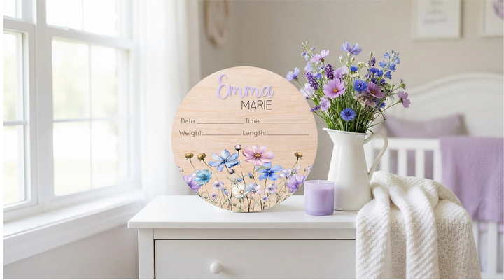 Personalized Baby Birth Stat Sign – Floral Nursery Keepsake