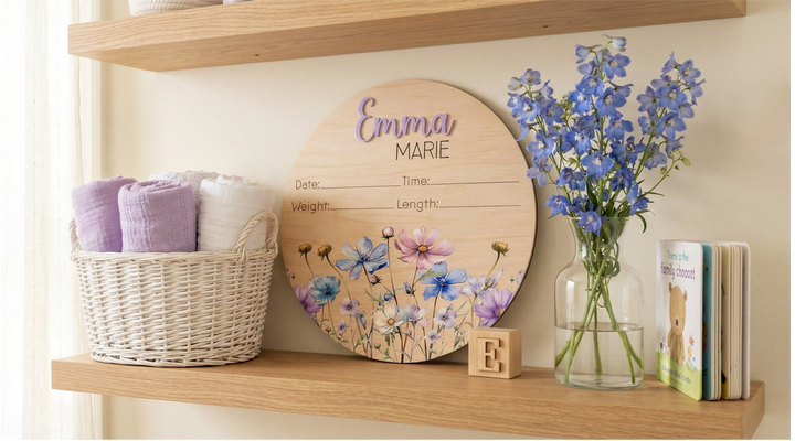 Personalized Baby Birth Stat Sign – Floral Nursery Keepsake