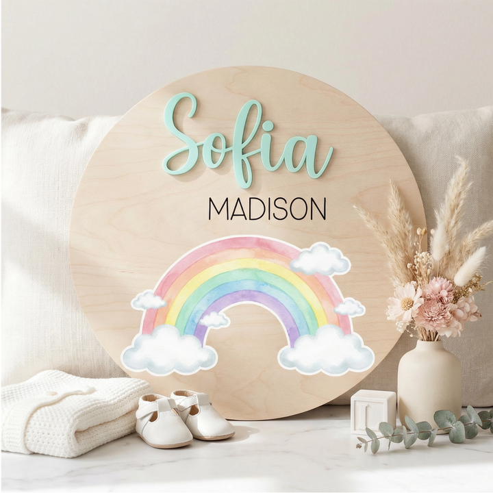 Personalized Rainbow Birth Announcement Sign | Wooden Baby Name Plaque