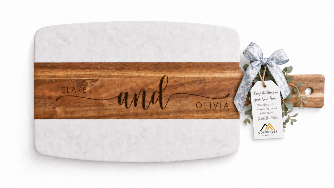 Personalized Marble & Acacia Wood Serving Board | Real Estate Closing Gift