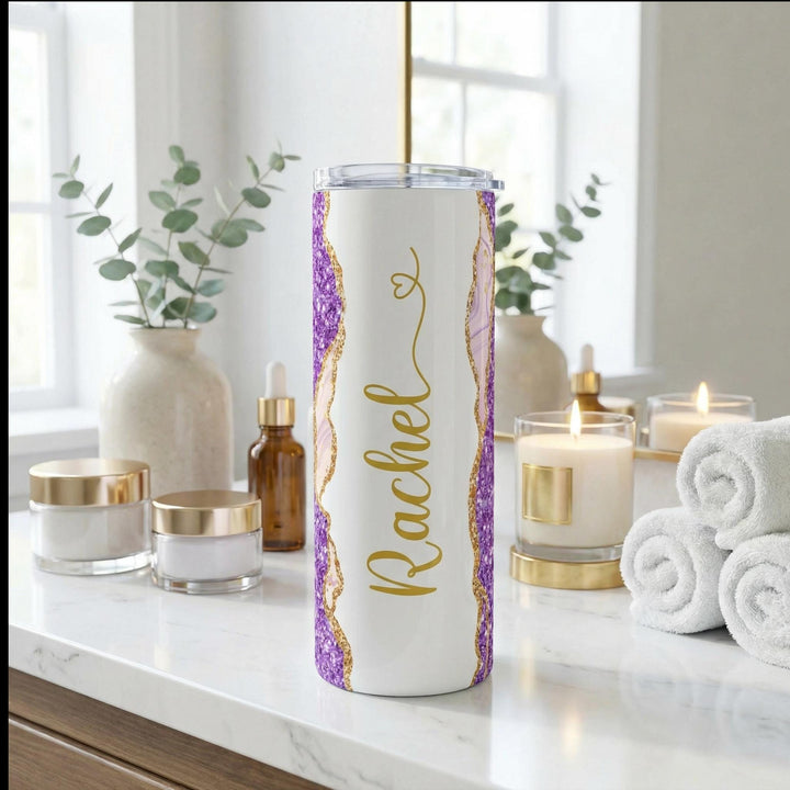 Purple Glitter Marble Personalized Name Tumbler with Gold Accents | 20oz Skinny Stainless Steel Travel Cup