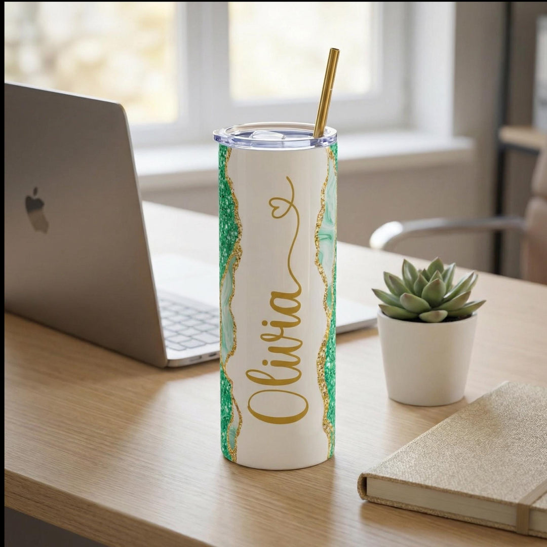 Green Glitter Marble Personalized Name Tumbler with Gold Accents | 20oz Skinny Stainless Steel Travel Cup