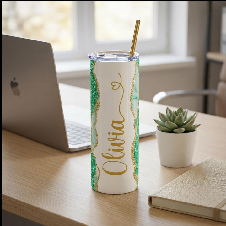 Green Glitter Marble Personalized Name Tumbler with Gold Accents | 20oz Skinny Stainless Steel Travel Cup