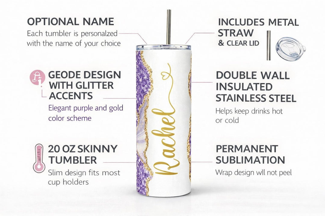 Purple Glitter Marble Personalized Name Tumbler with Gold Accents | 20oz Skinny Stainless Steel Travel Cup