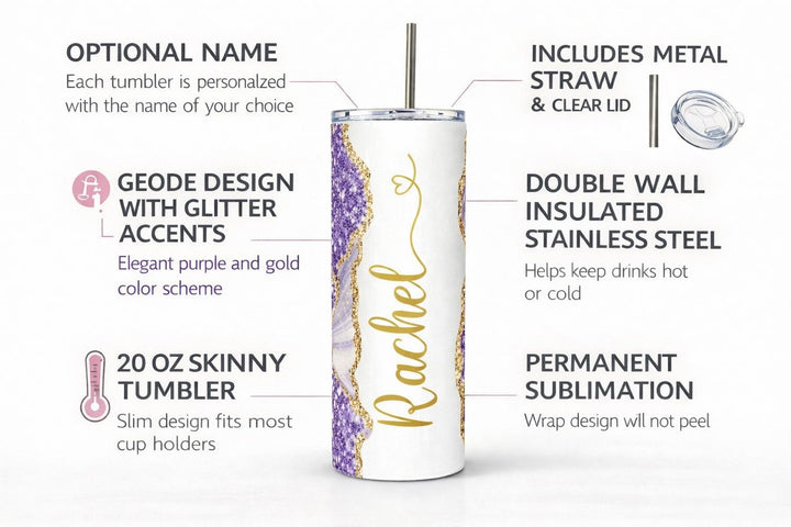 Purple Glitter Marble Personalized Name Tumbler with Gold Accents | 20oz Skinny Stainless Steel Travel Cup