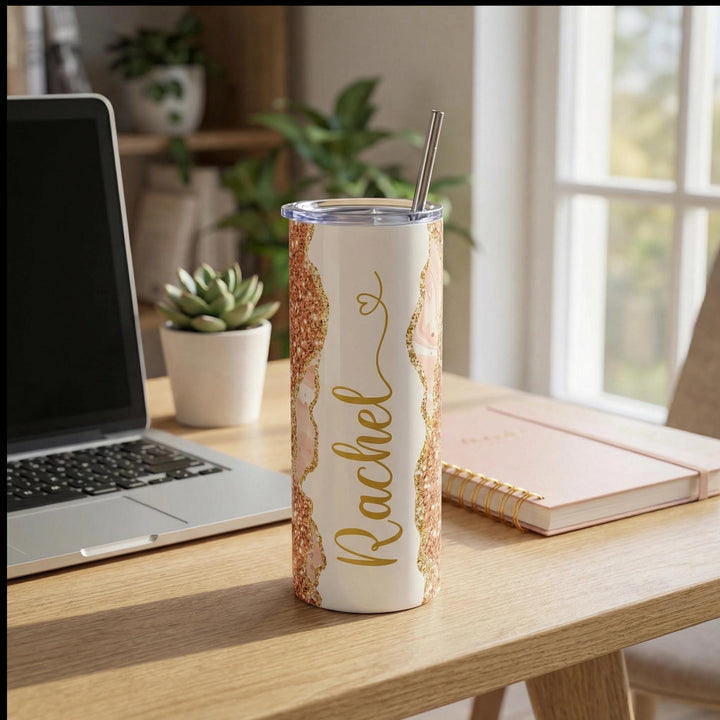 Peach Glitter Marble Personalized Name Tumbler with Gold Accents | 20oz Skinny Stainless Steel Travel Cup