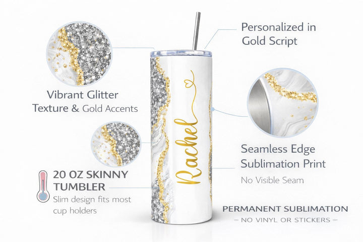 Gray Glitter Marble Personalized Name Tumbler with Gold Accents | 20oz Skinny Stainless Steel Travel Cup