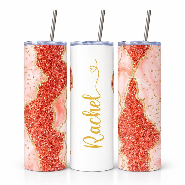 Blue Glitter Marble Personalized Name Tumbler with Gold Accents | 20oz Skinny Stainless Steel Travel Cup