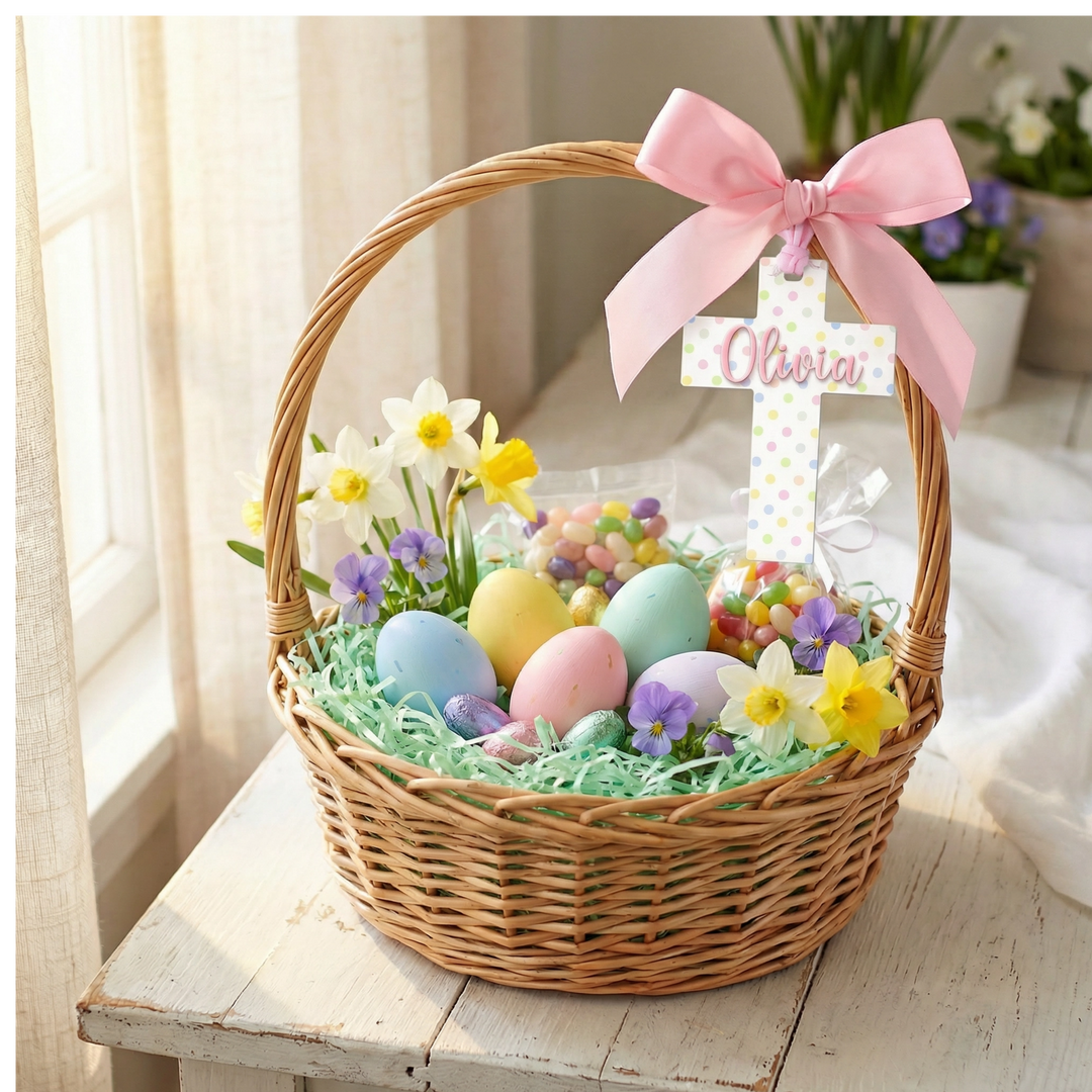 Personalized Easter Cross Basket Tag | Custom Acrylic Christian Name Tag with Chiffon Ribbon