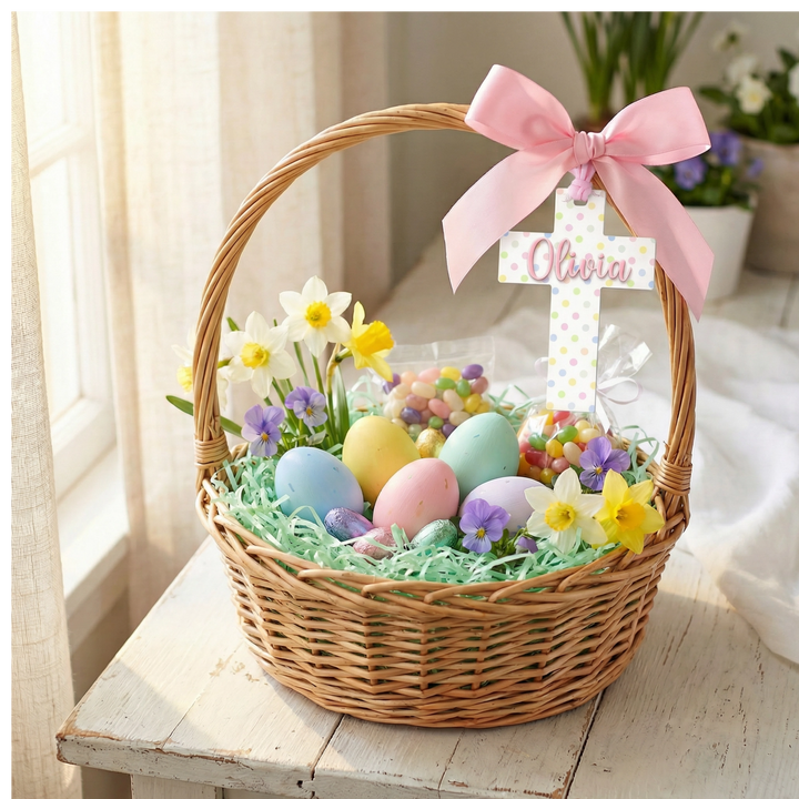 Personalized Easter Cross Basket Tag | Custom Acrylic Christian Name Tag with Chiffon Ribbon
