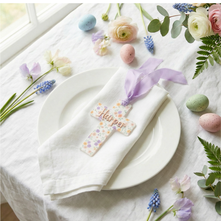 Personalized Easter Cross Basket Tag | Custom Acrylic Christian Name Tag with Chiffon Ribbon