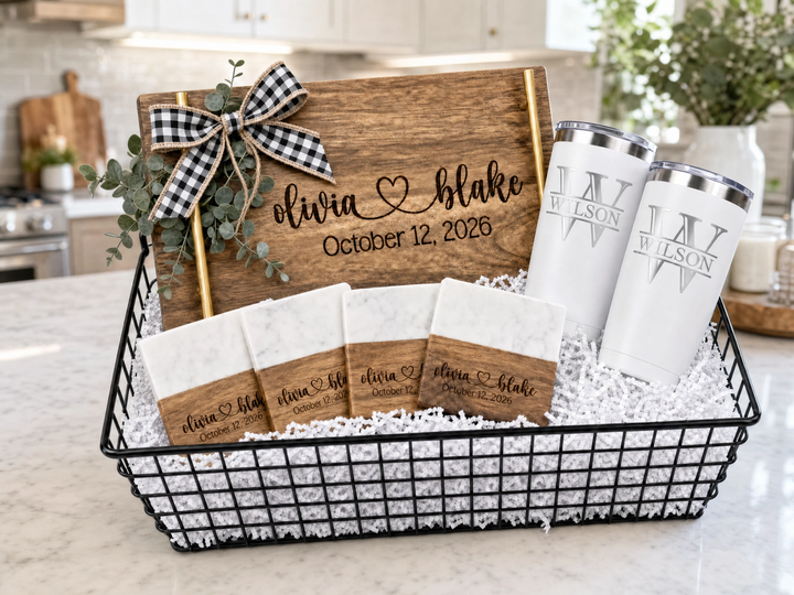 Personalized Wedding Gift Set | Engraved Serving Board, Coasters & Tumblers