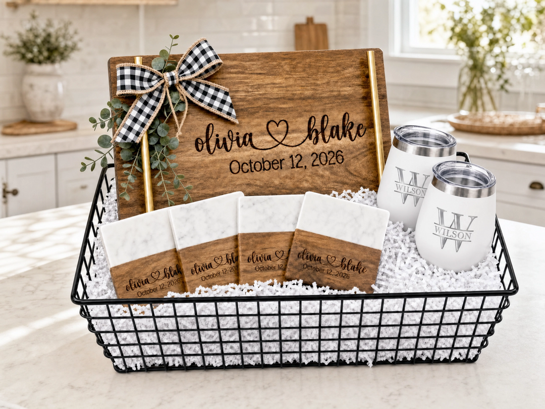 Personalized Wedding Gift Set | Engraved Serving Board, Coasters & Tumblers