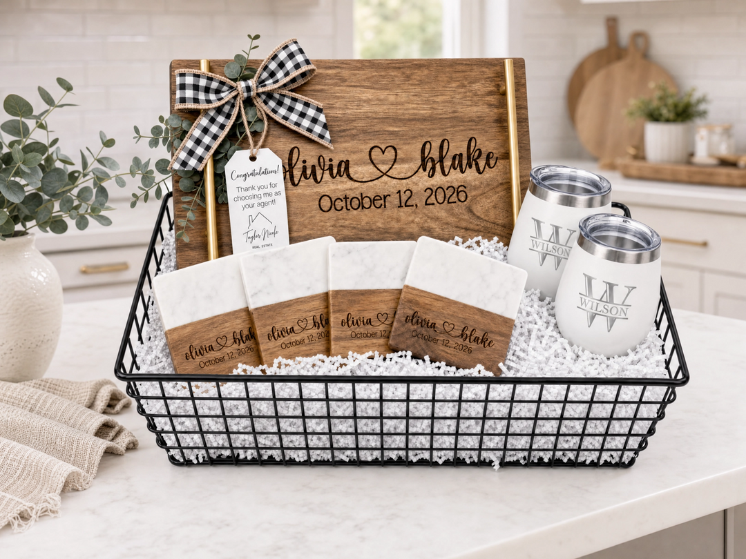 Personalized Real Estate Closing Gift Set with Gold Handle Serving Board