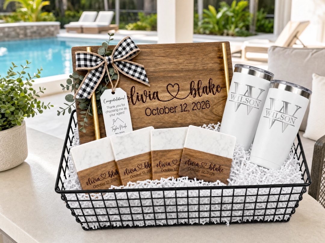 Personalized Real Estate Closing Gift Set with Gold Handle Serving Board