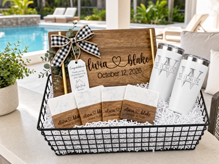 Personalized Real Estate Closing Gift Set with Gold Handle Serving Board