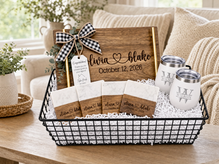 Personalized Real Estate Closing Gift Set with Gold Handle Serving Board