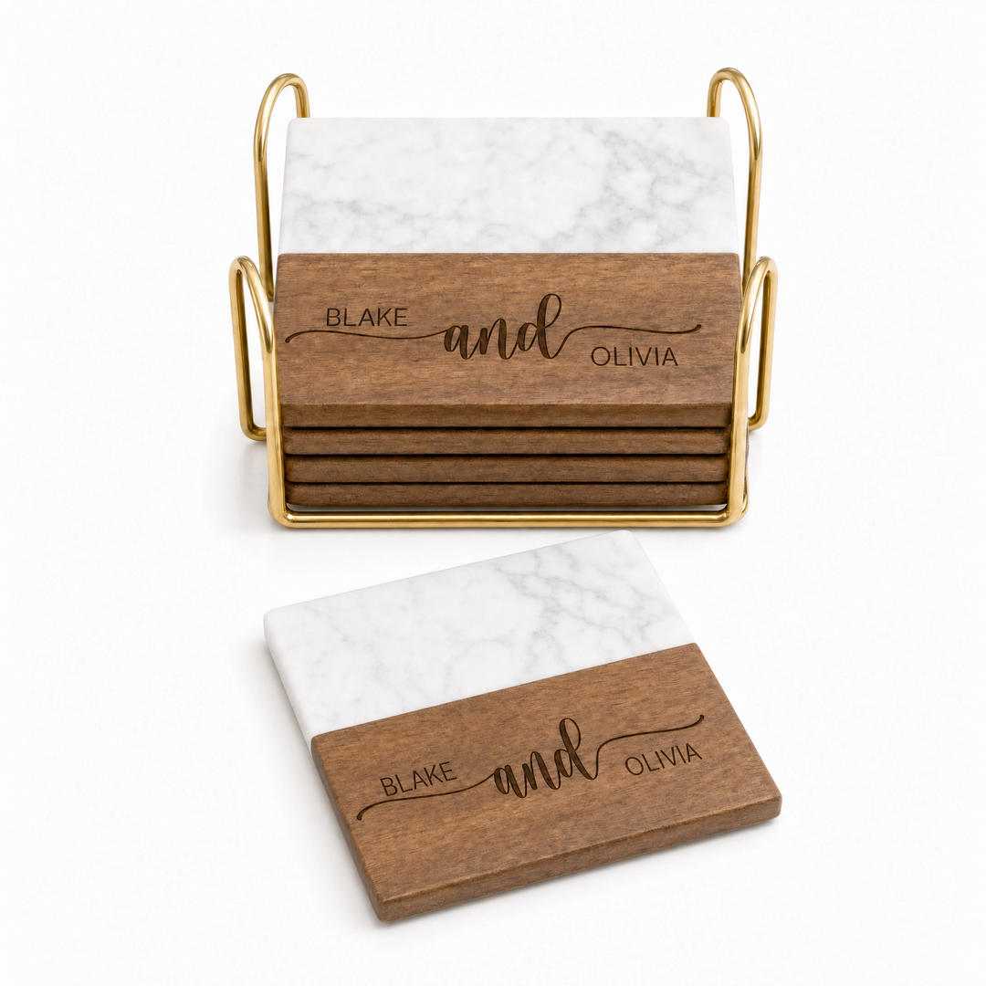 Personalized Marble & Wood Coaster Set with Gold Holder | Custom Real Estate Closing Gift
