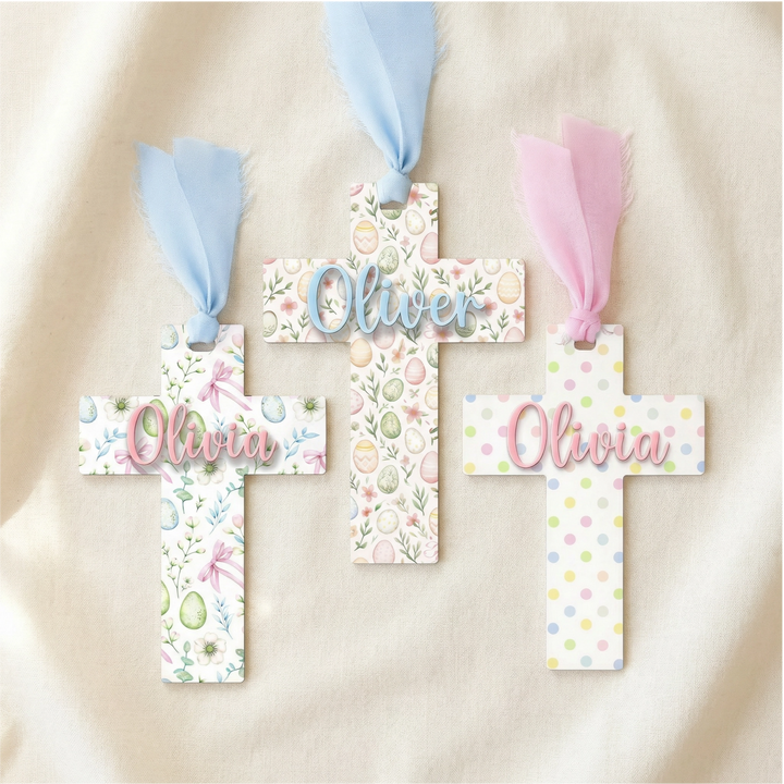 Personalized Easter Cross Basket Tag | Custom Acrylic Christian Name Tag with Chiffon Ribbon