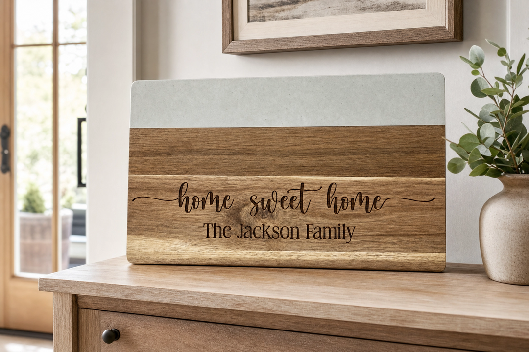 Personalized Rectangle Marble & Acacia Wood Cutting Board | Engraved Wedding & Housewarming Gift