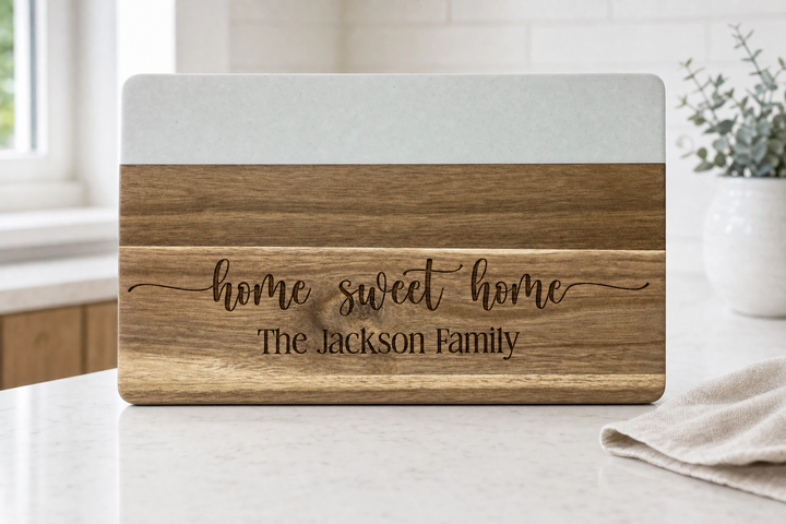 Personalized Rectangle Marble & Acacia Wood Cutting Board | Engraved Wedding & Housewarming Gift