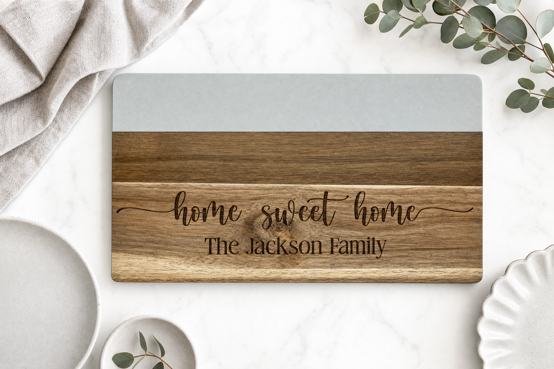 Personalized Rectangle Marble & Acacia Wood Cutting Board | Engraved Wedding & Housewarming Gift