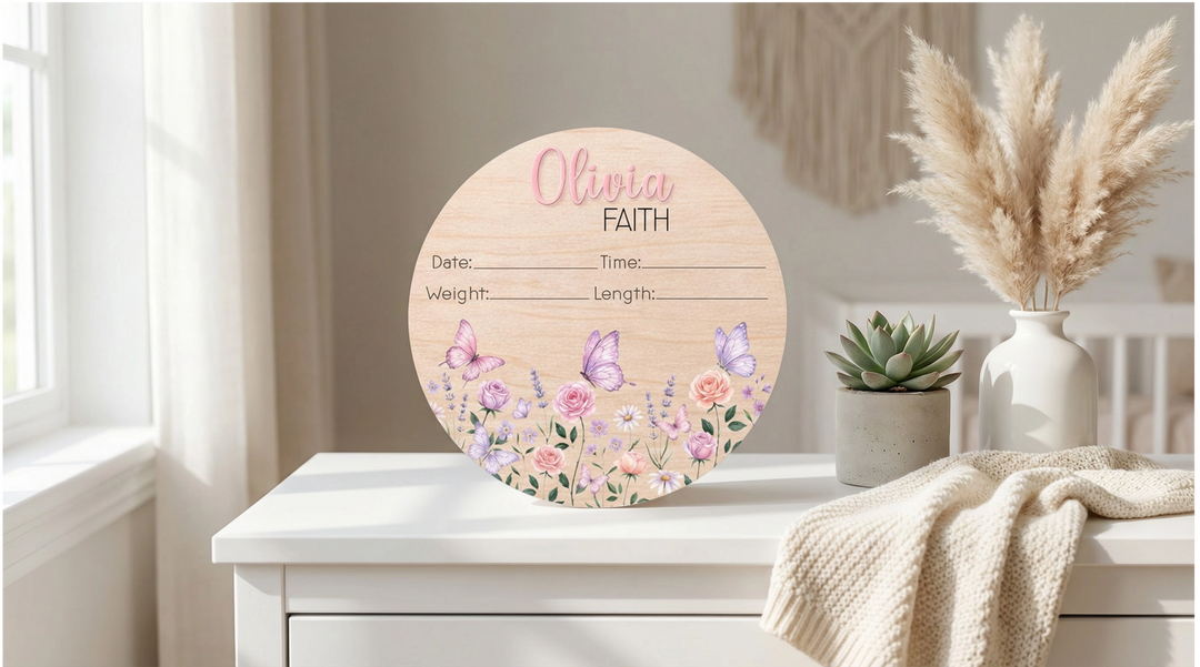 Personalized Baby Birth Stat Sign – Floral Butterfly Nursery Keepsake