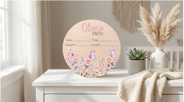Personalized Baby Birth Stat Sign – Floral Butterfly Nursery Keepsake