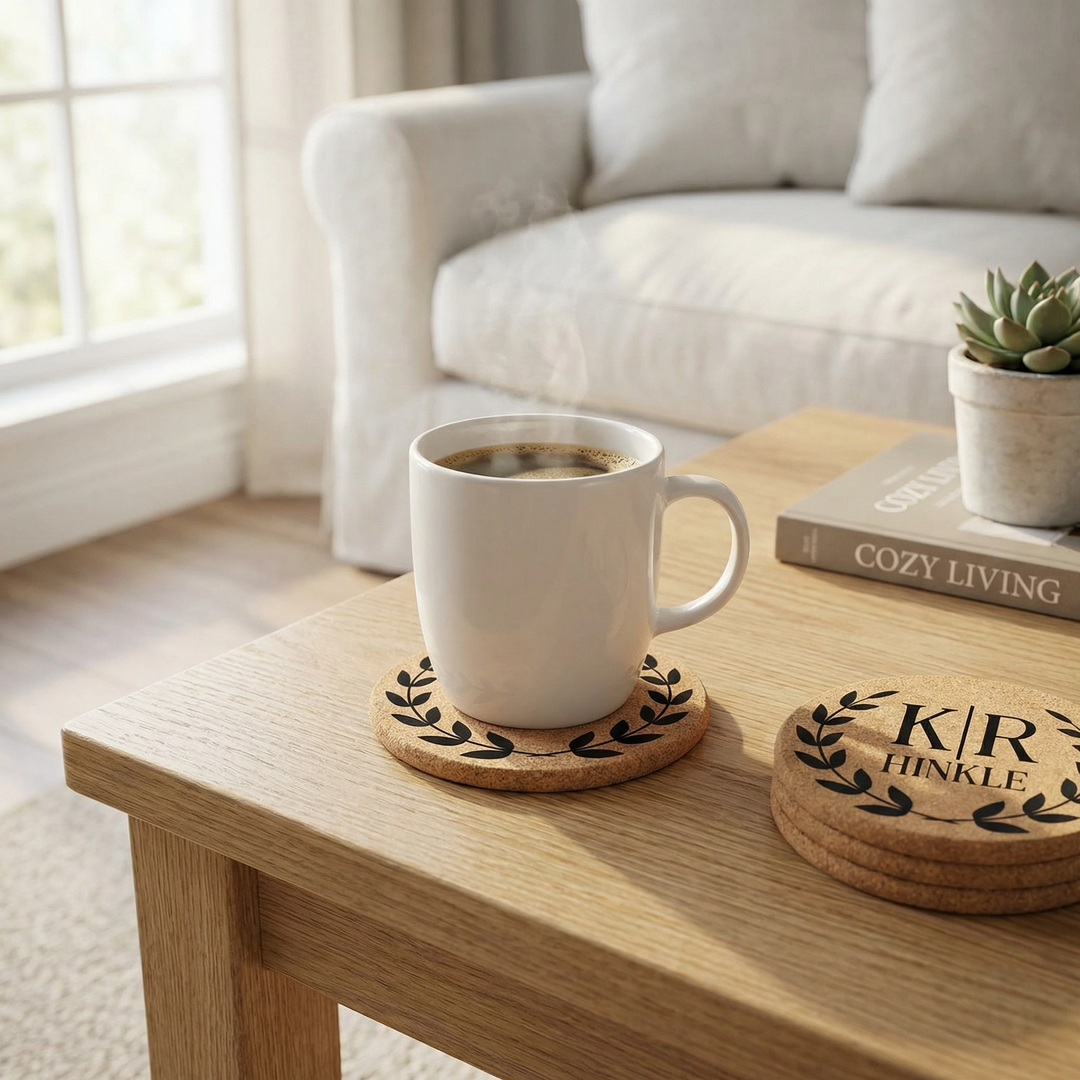 Hertitage Laurel Personalized Wedding Cork Coasters | Rustic Engraved Coasters