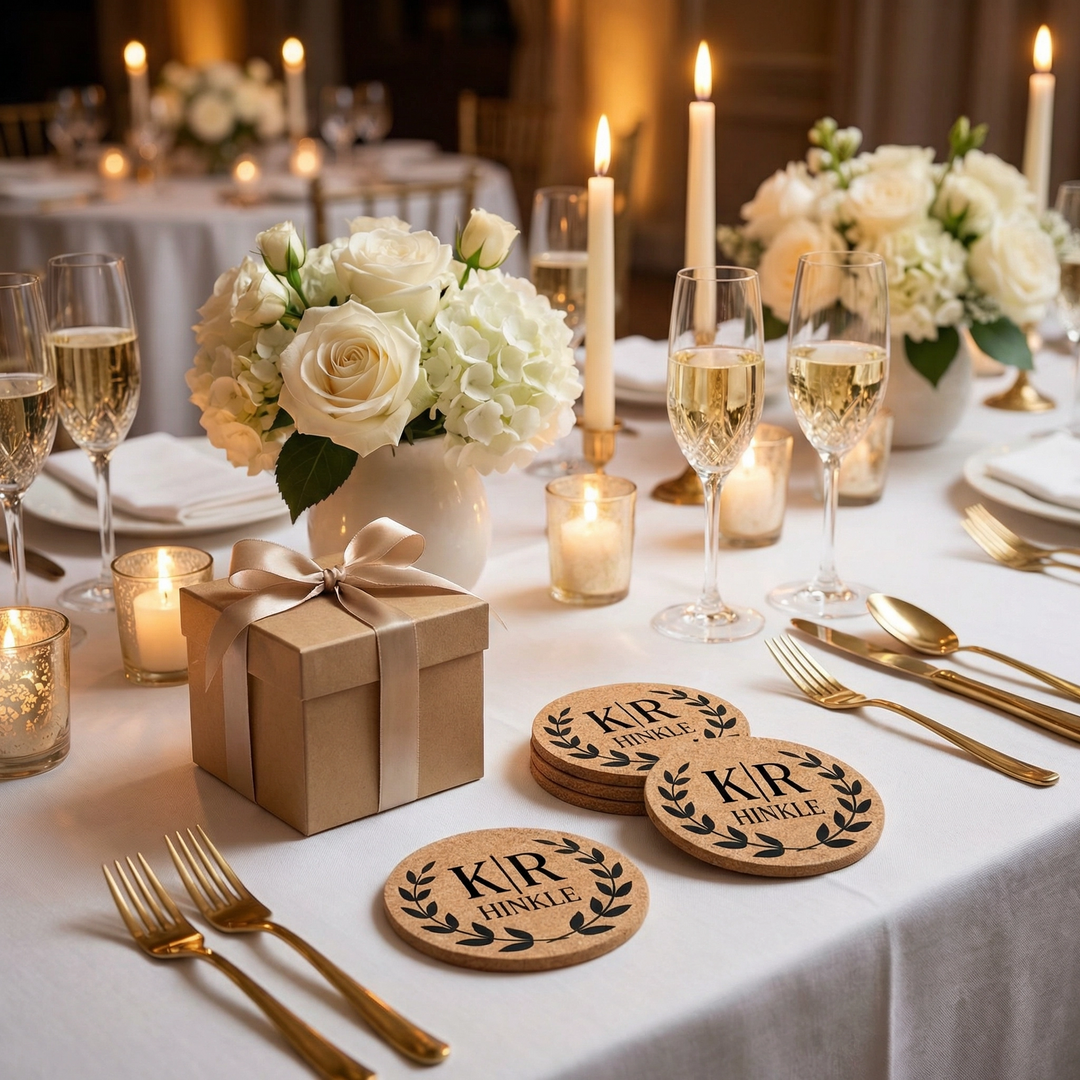 Hertitage Laurel Personalized Wedding Cork Coasters | Rustic Engraved Coasters