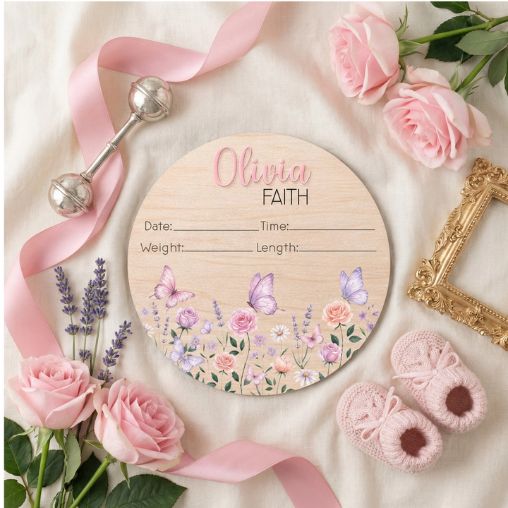 Personalized Baby Birth Stat Sign – Floral Butterfly Nursery Keepsake