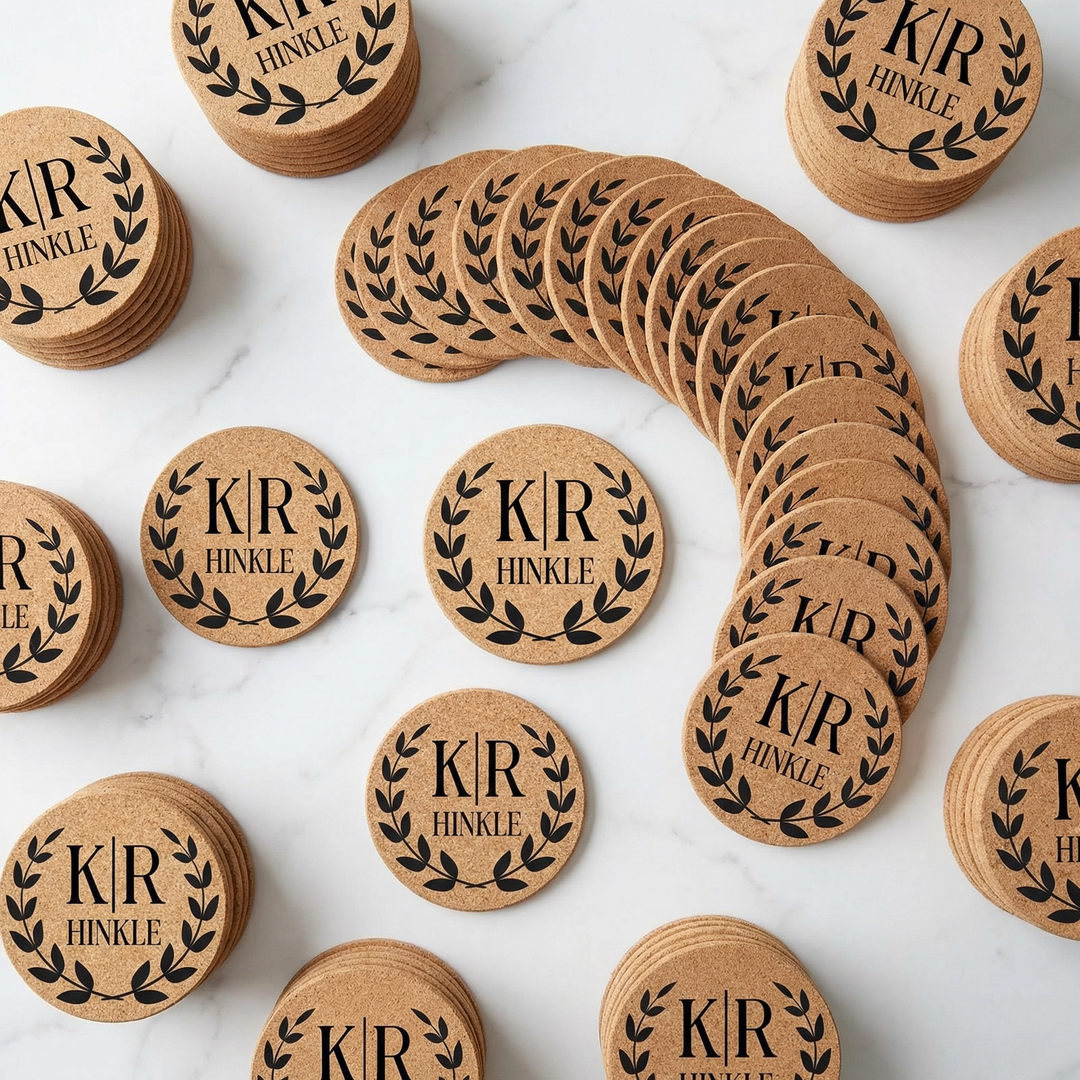 Hertitage Laurel Personalized Wedding Cork Coasters | Rustic Engraved Coasters
