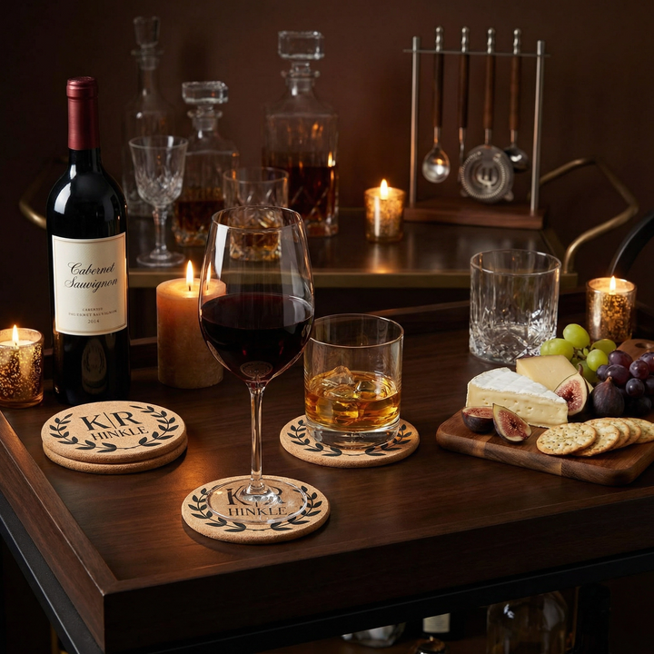 Hertitage Laurel Personalized Wedding Cork Coasters | Rustic Engraved Coasters