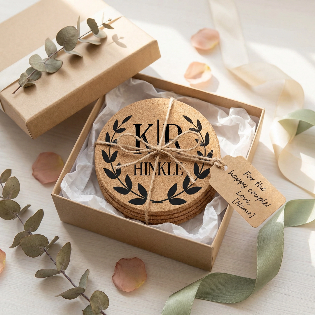 Hertitage Laurel Personalized Wedding Cork Coasters | Rustic Engraved Coasters