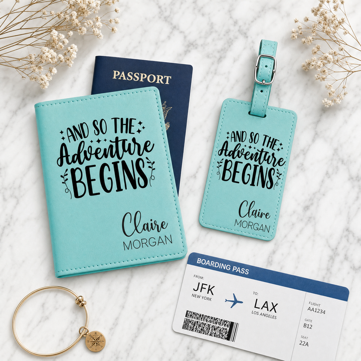Personalized "And So The Adventure Begins" Passport Cover & Luggage Tag Set | Custom Travel Gift