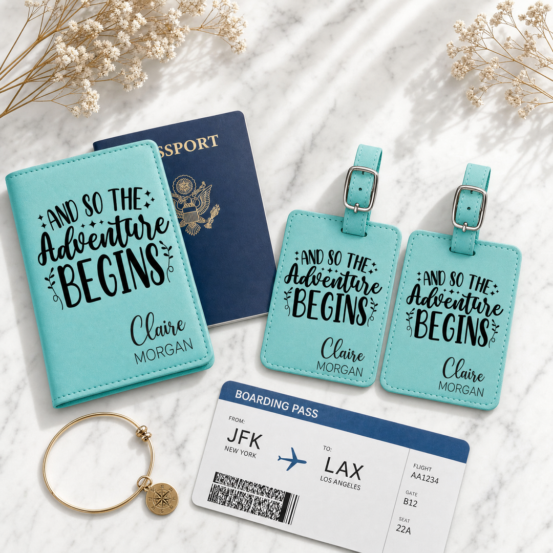 Personalized "And So The Adventure Begins" Passport Cover & Luggage Tag Set | Custom Travel Gift