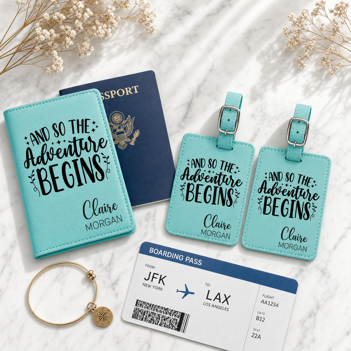 Personalized "And So The Adventure Begins" Passport Cover & Luggage Tag Set | Custom Travel Gift